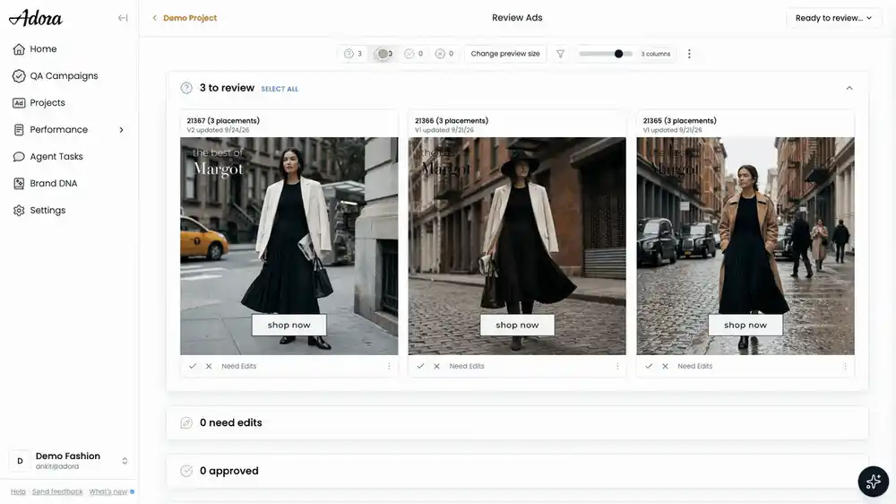 Reviewing a revised ad: opening the edit request pinned on version 1, flipping to version 2 to confirm the change, resolving the thread and approving