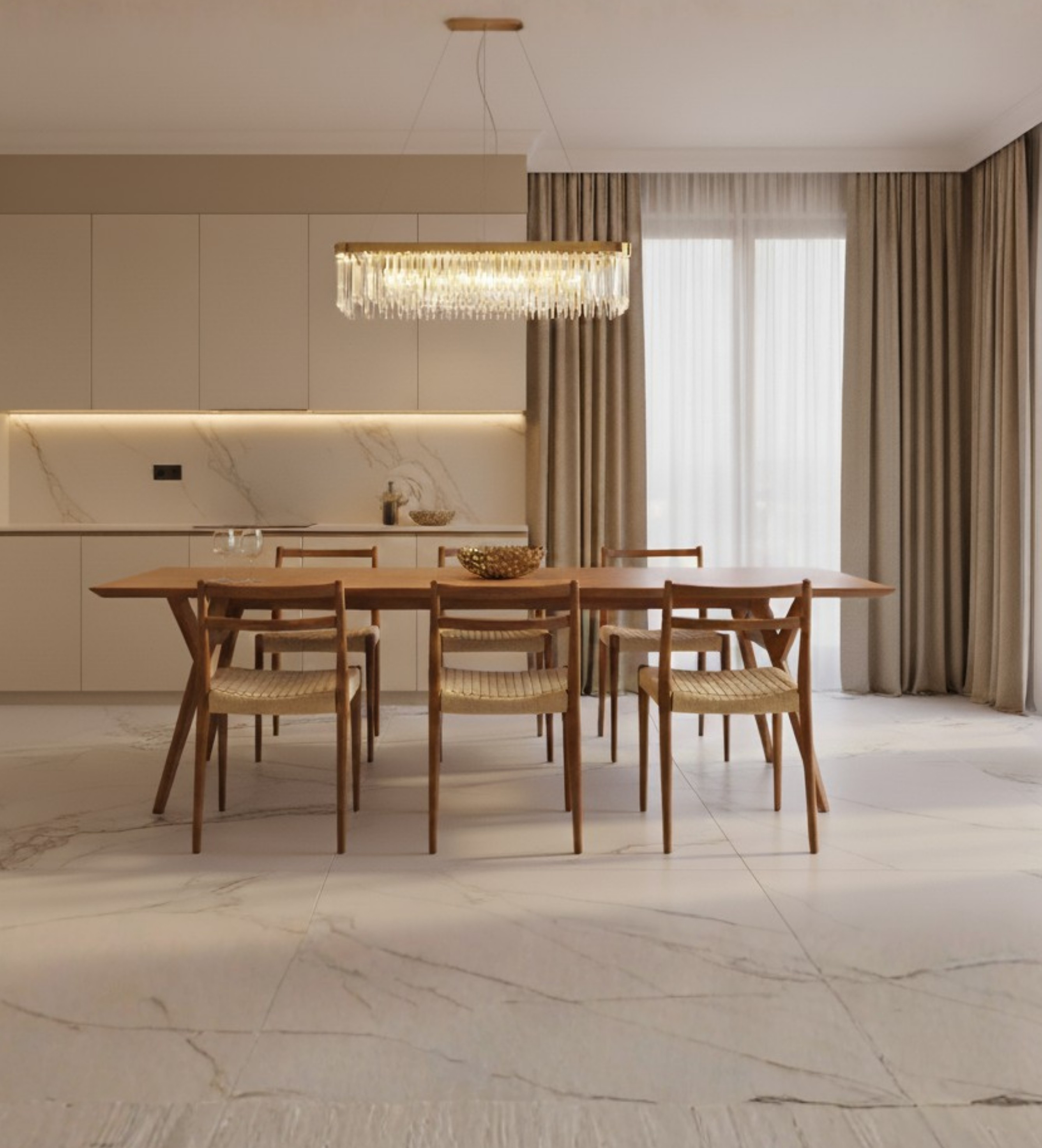 Luxury lounge seating with striped armchairs styled in a minimalist neutral interior