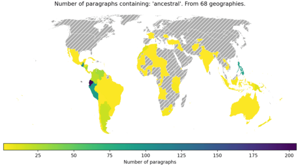 Number of paragraphs containing ‘ancestral’ from 68 geographies