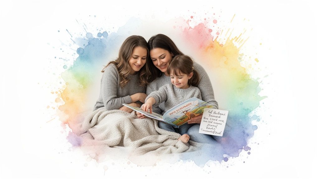 Smiling mothers and daughter reading a personalized storybook on a blanket with a watercolor background.