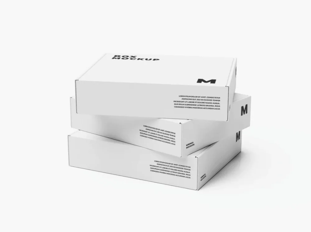 A stack of three white rectangular boxes with clean typography and minimalist design. The boxes feature placeholder text and a bold "M" logo, arranged neatly against a white background.