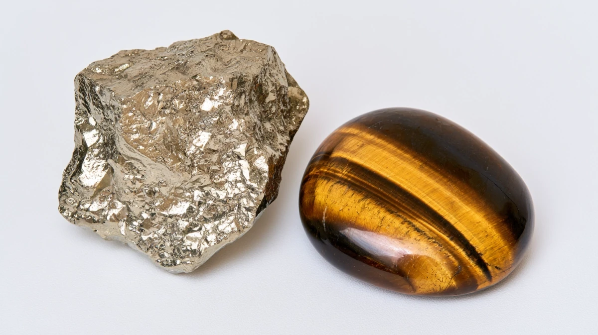 Raw Pyrite chunk and polished Tiger's Eye stone side by side