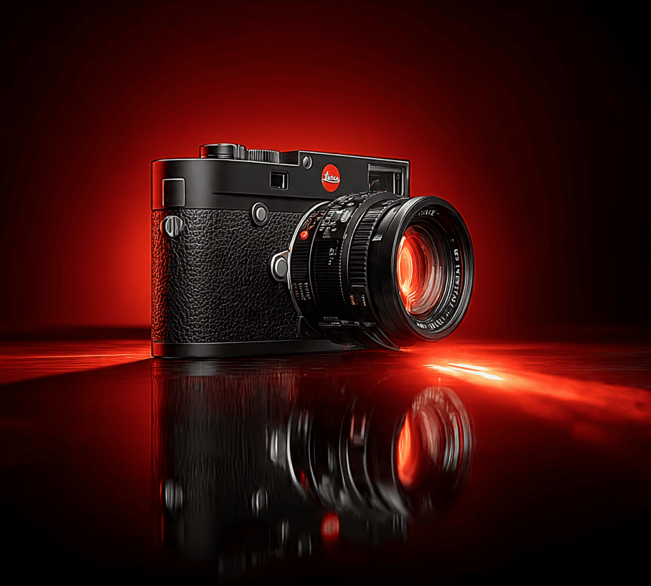 A black Leica camera with a textured body is dramatically lit in red, reflecting on a glossy surface. The red background adds a bold, intense mood.