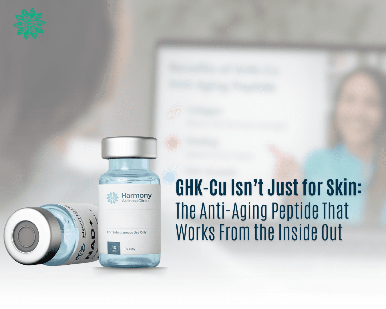 Medical provider explaining GHK-Cu anti-aging peptide benefits for skin, healing, and hair growth during a virtual consultation.