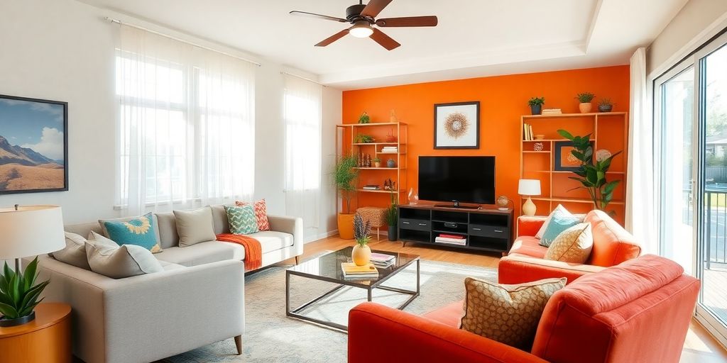 Modern staged living room with bright natural light.