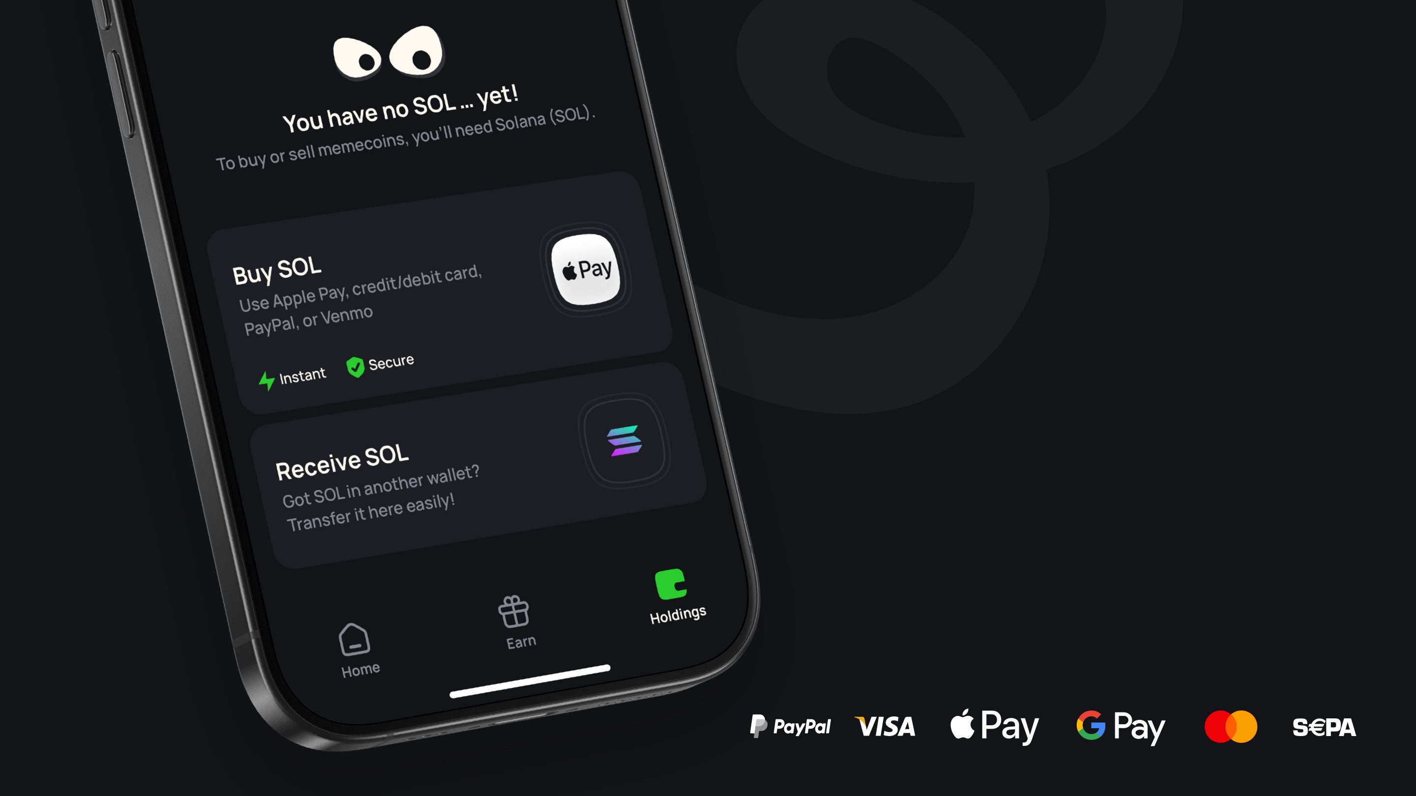 Handshake Crypto Wallet app showing wallet top-up options including Apple Pay, Visa, and Google Pay