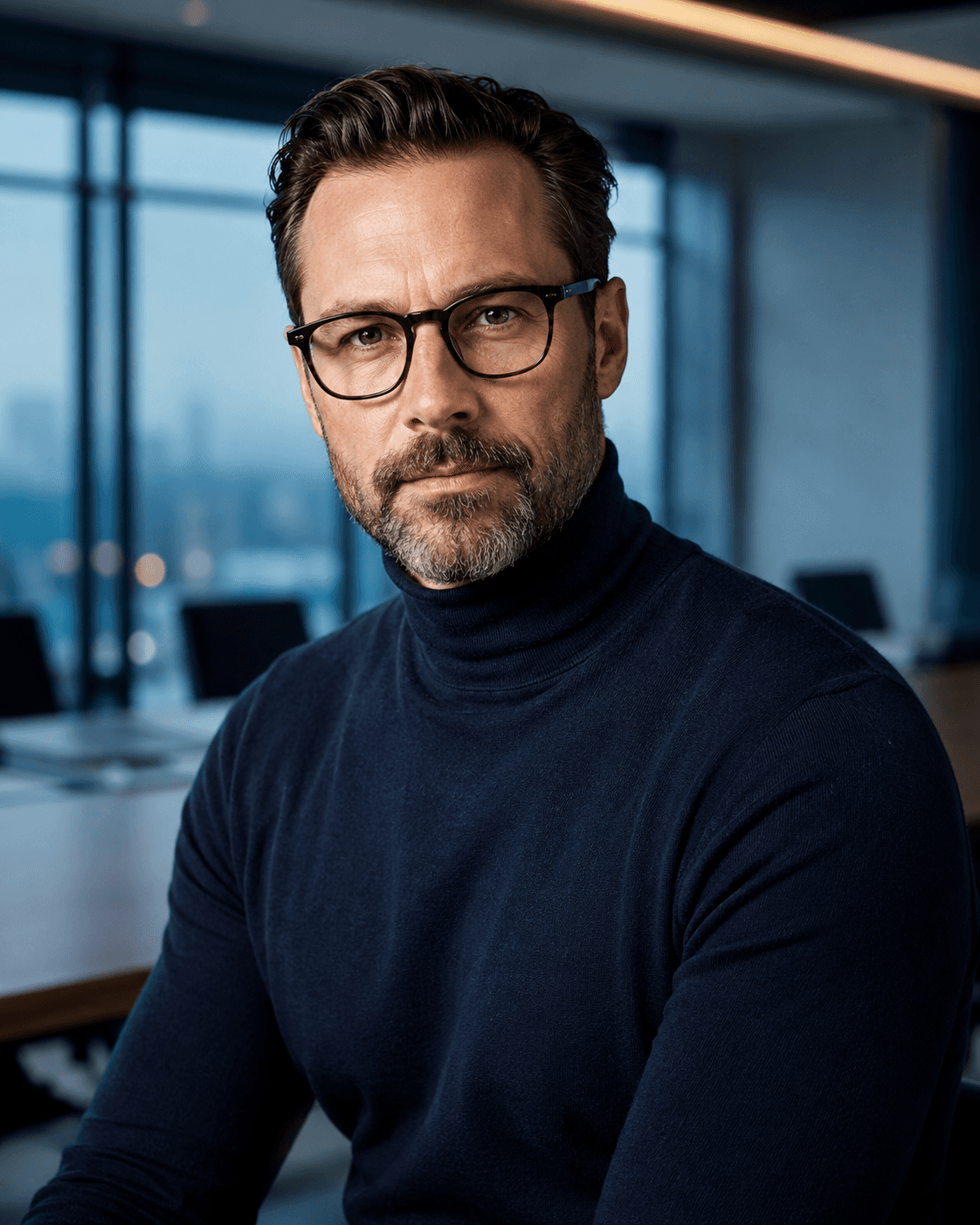 A portrait photo of a sophisticated architect sitting in a conferece office.
