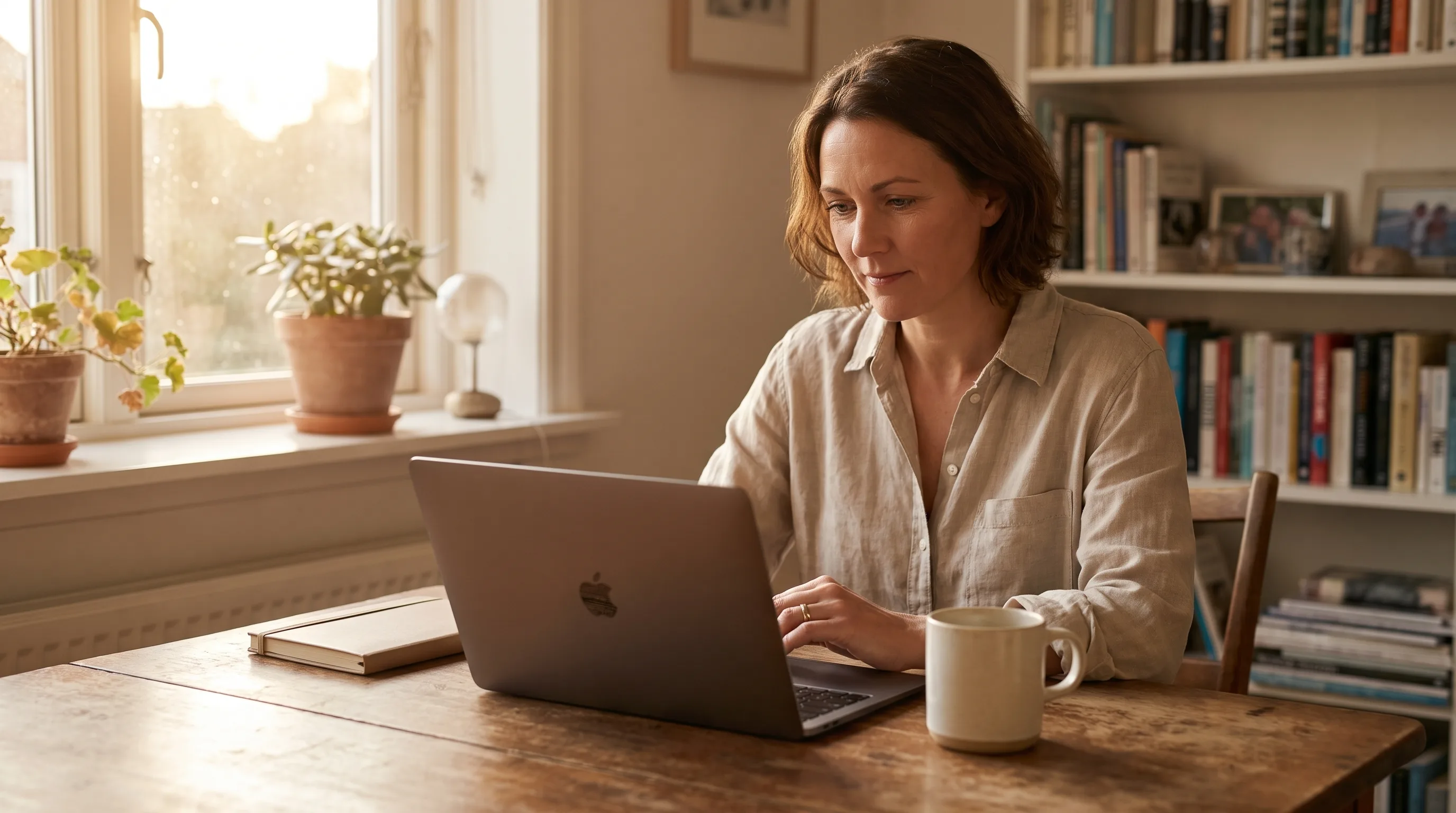 A private consultant works at an open MacBook in a warm home office, notes and coffee beside her