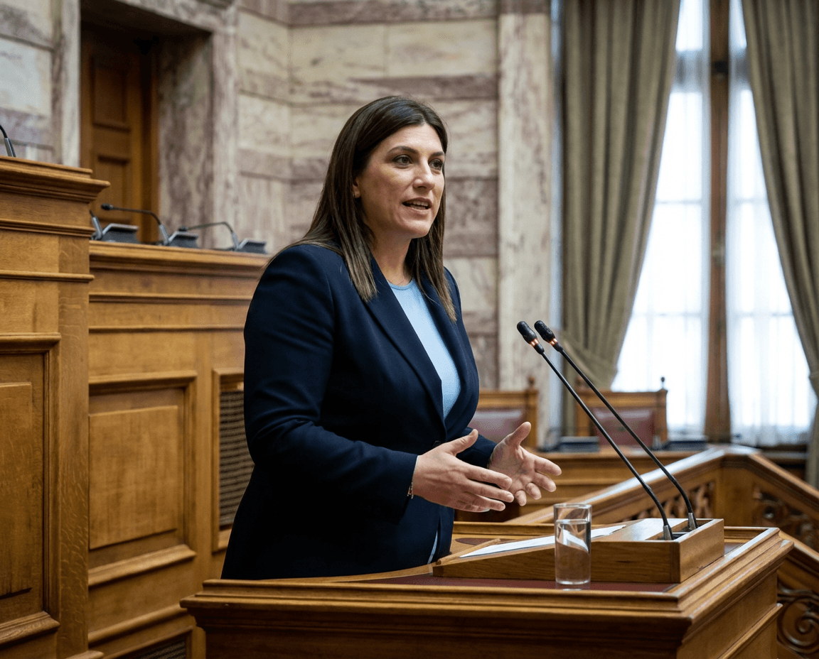 Zoe Konstantopoulou delivering a public political address with a formal governmental backdrop