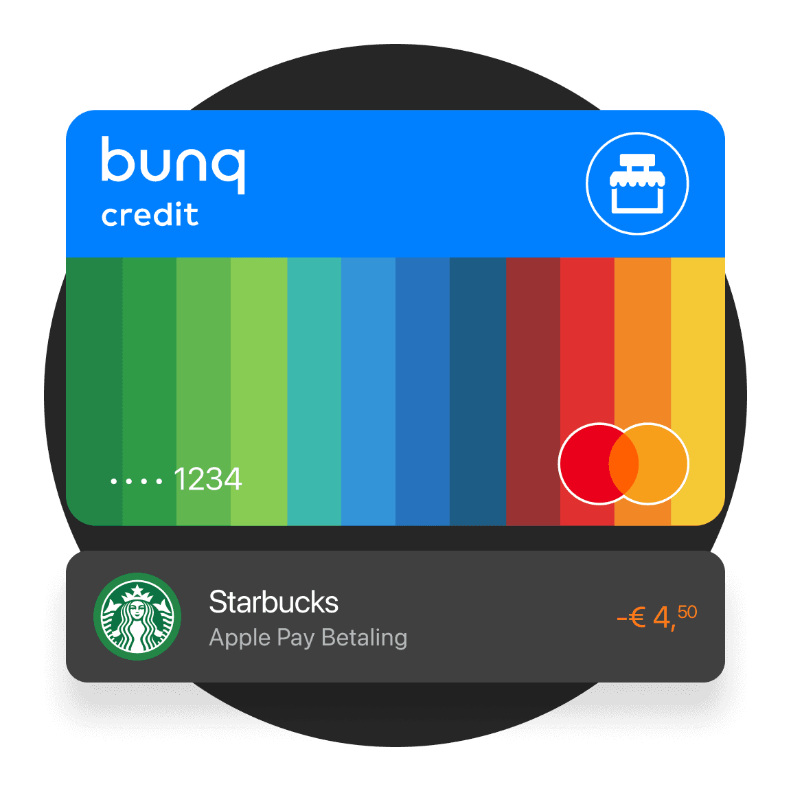 Afbeelding van een kleurrijke bankpas van bunq, met een blauwe bovenkant en een verloop van strepen eronder.