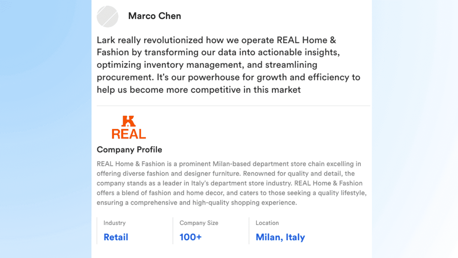 REAL Home&Fashion’s feedback of Lark’s inventory control