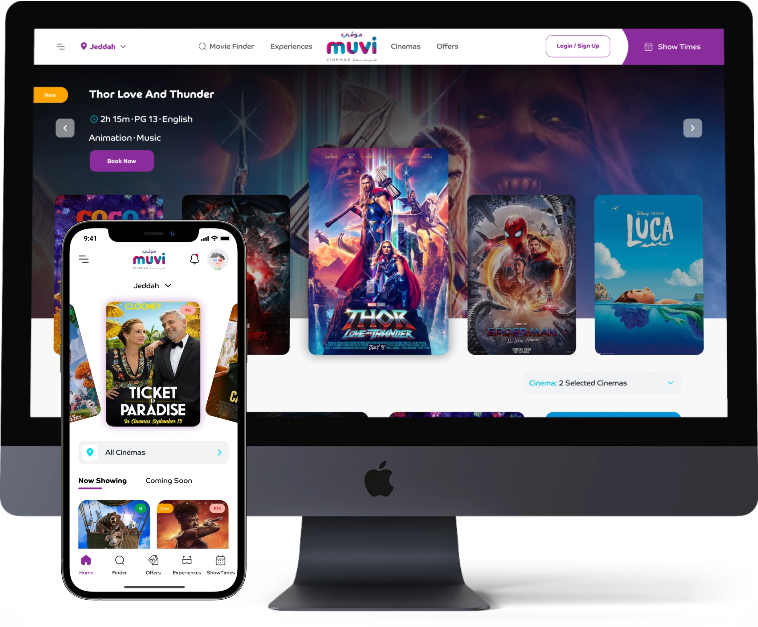 Muvi Cinemas responsive website and mobile app interface on desktop and smartphone showing movie booking options