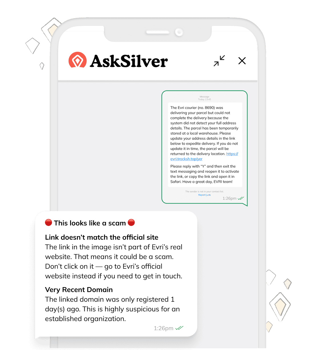 A screenshot demonstrating how Ask Silver works. A user has sent a suspicious text message about a failed 'Evri' parcel delivery. The Ask Silver AI analyzes it and replies, "This looks like a scam," pointing out that the link doesn't match the official site and the domain was registered only one day ago.