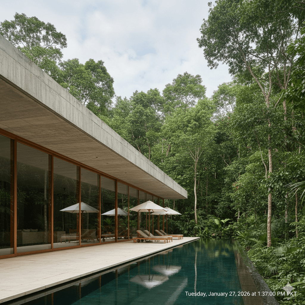 Modern minimalist house with large glass windows and a flat roof, surrounded by lush greenery. A serene pool reflects the trees and the sky. Peaceful ambiance.