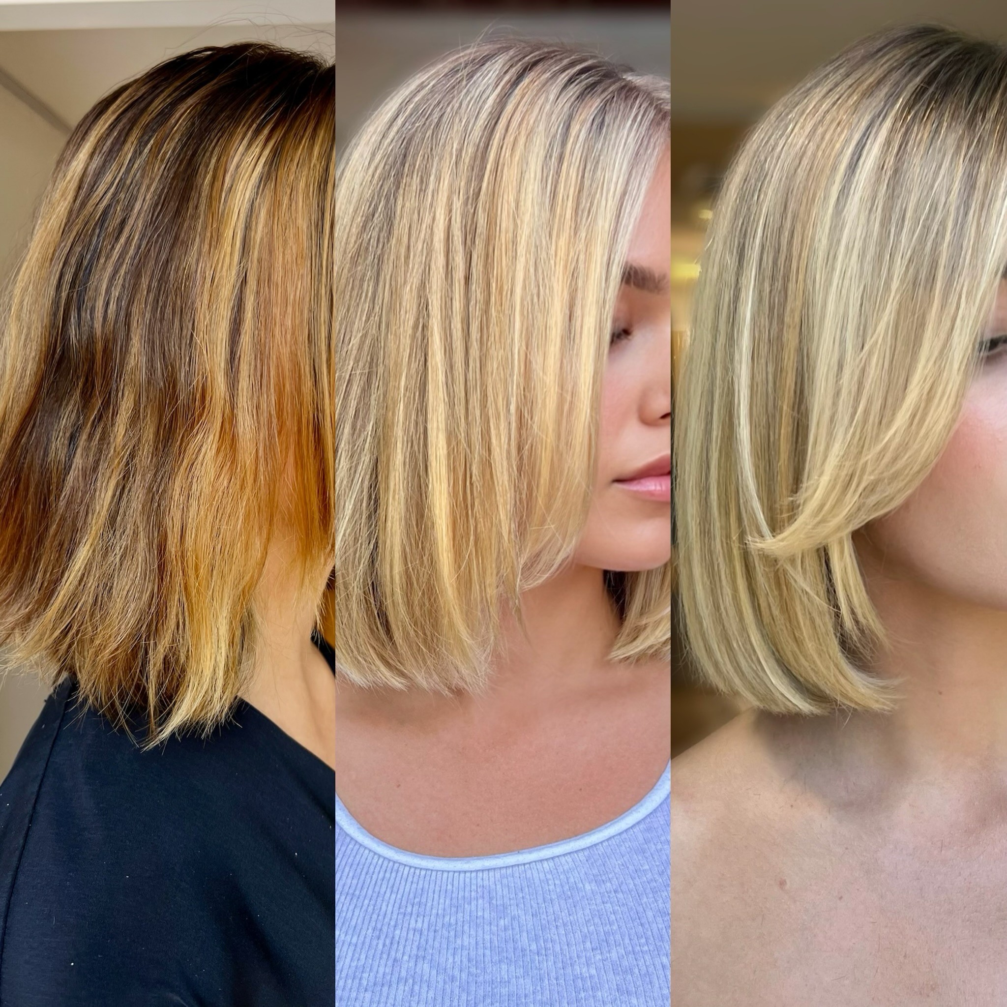 Blonde color correction at Bomane Salon, Beverly Hills – fixing brassy tones for a natural, glossy blonde.