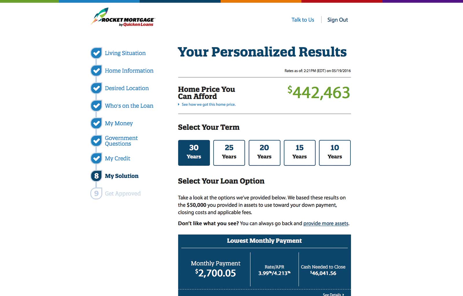 Rocket Mortgage product site interface