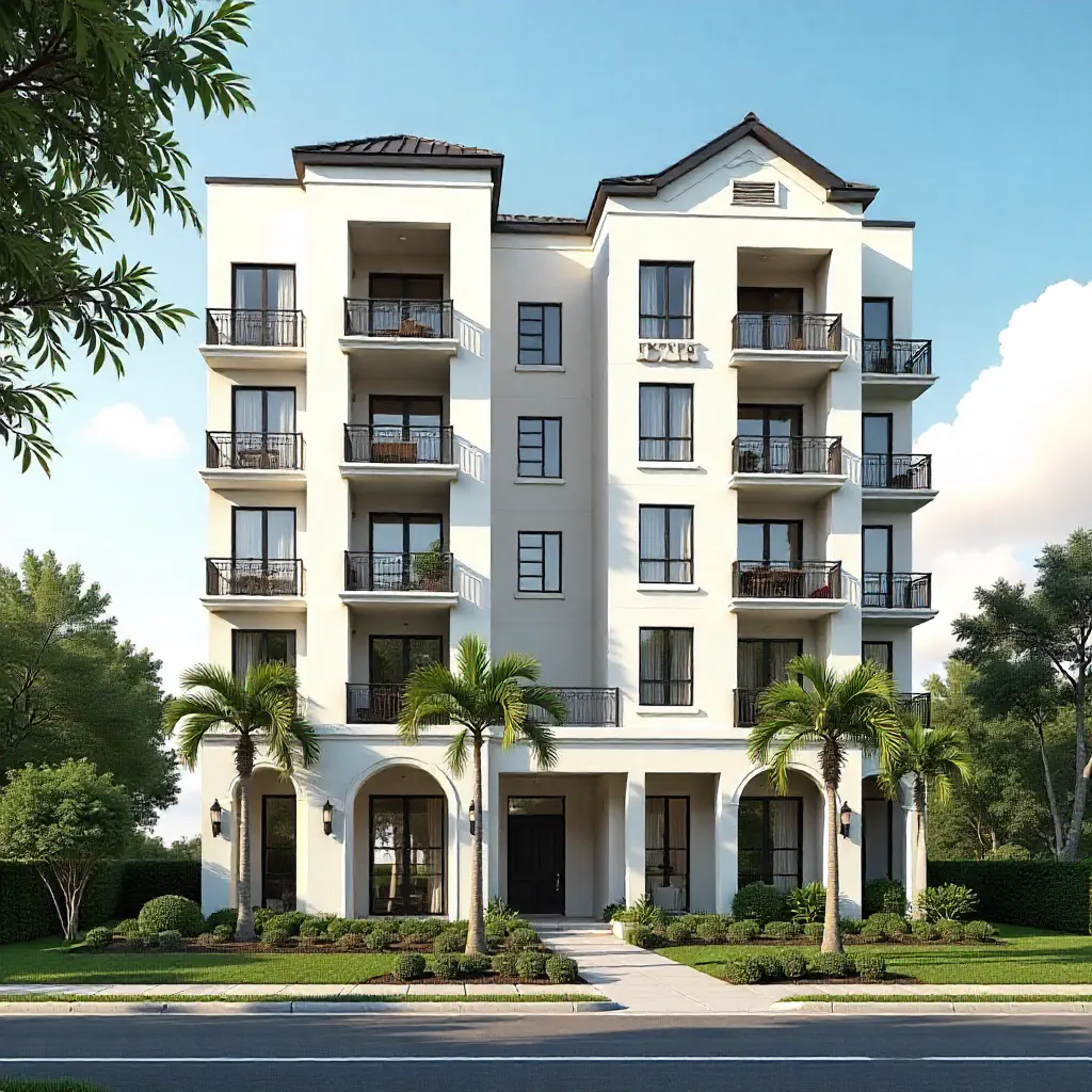 A 3D architectural rendering of a multi-story white residential building with balconies and palm trees
