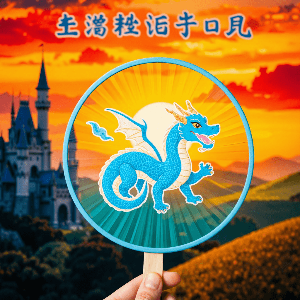 product photography of a round fan with a cute dragon design