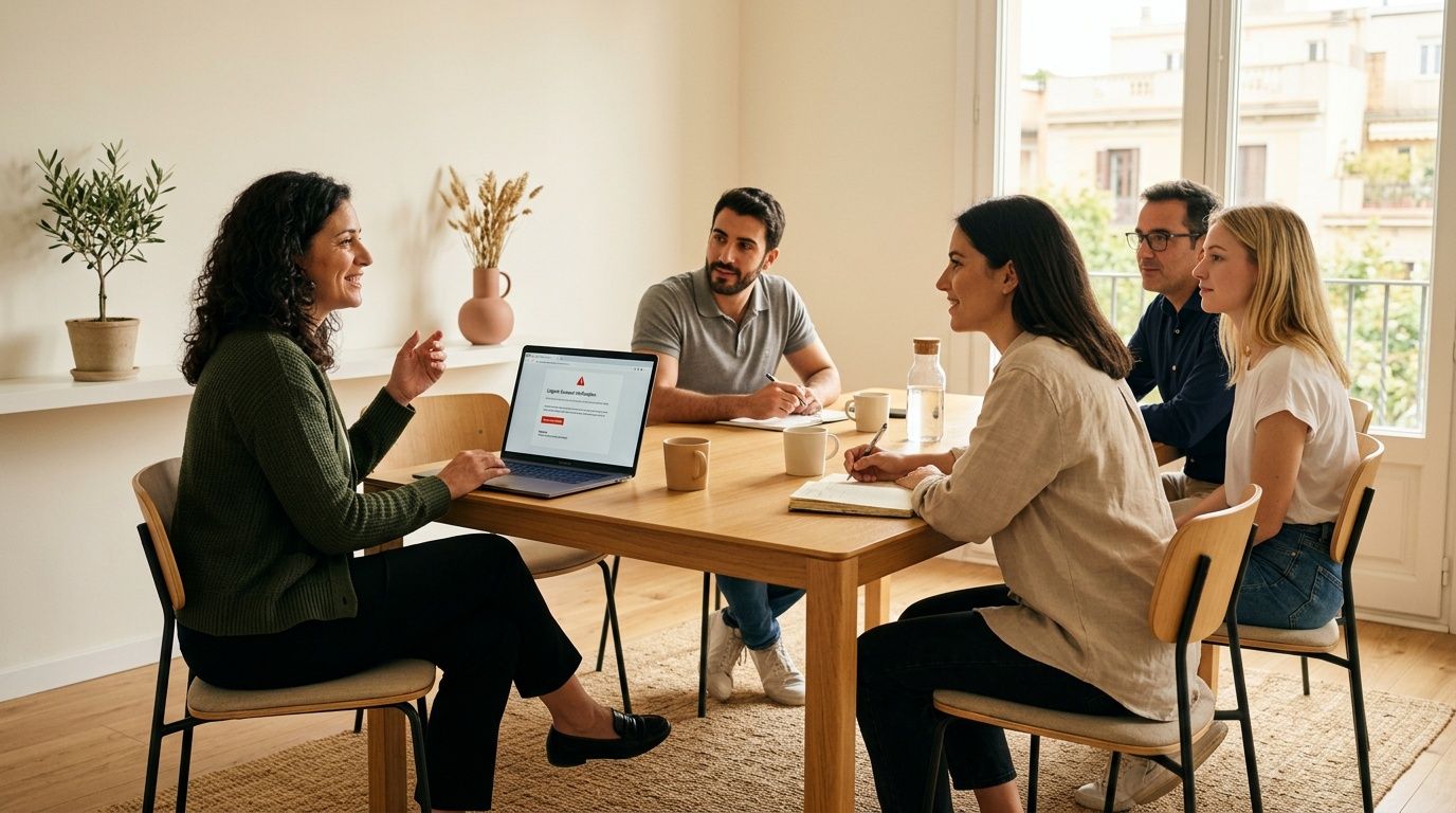 Cinco personas en una reunión de negocios, una mujer explicando frente a un portátil.