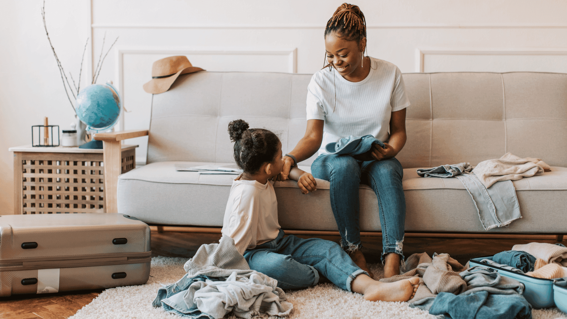 Alt text:  A mum sitting on a sofa while her child sits on the floor, with the mum showing them HushAway®’s Sound Sanctuary.