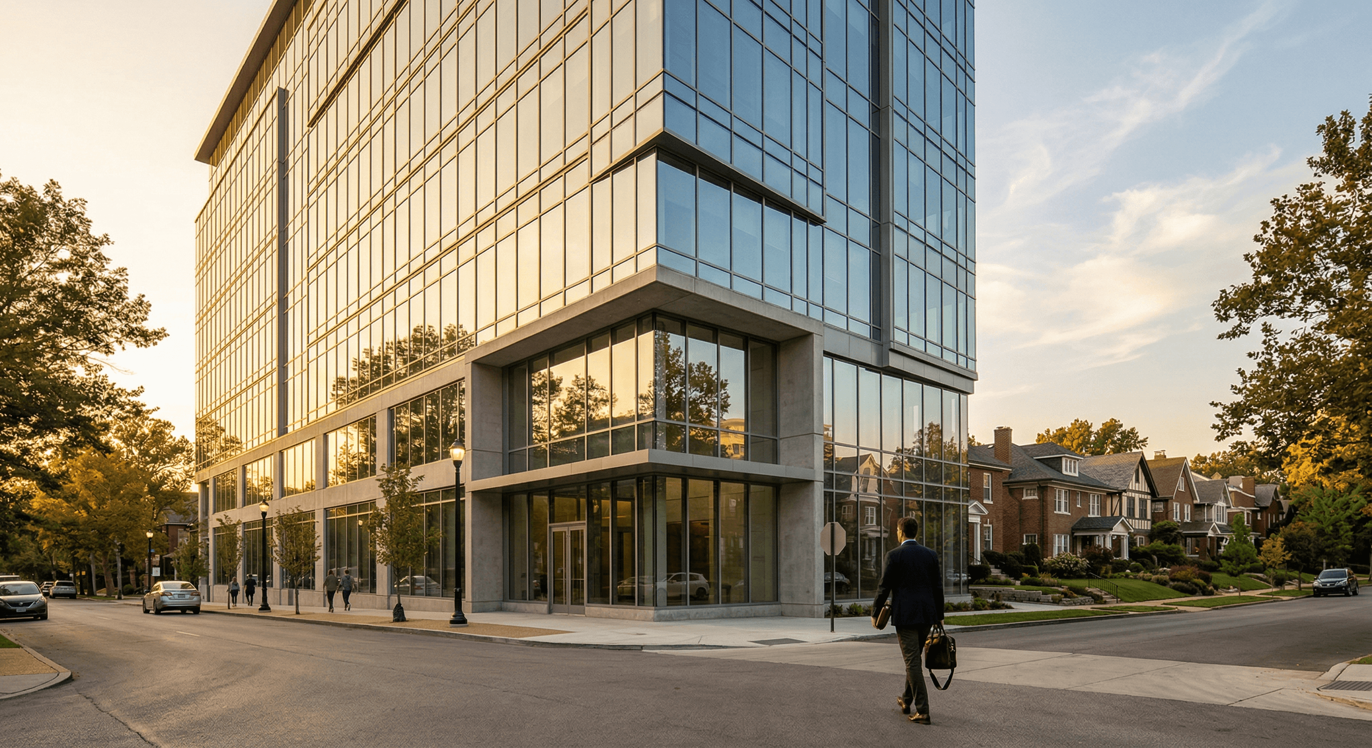 Employee leaving a corporate office building after a return-to-office mandate, heading home to work remotely under an ADA accommodation