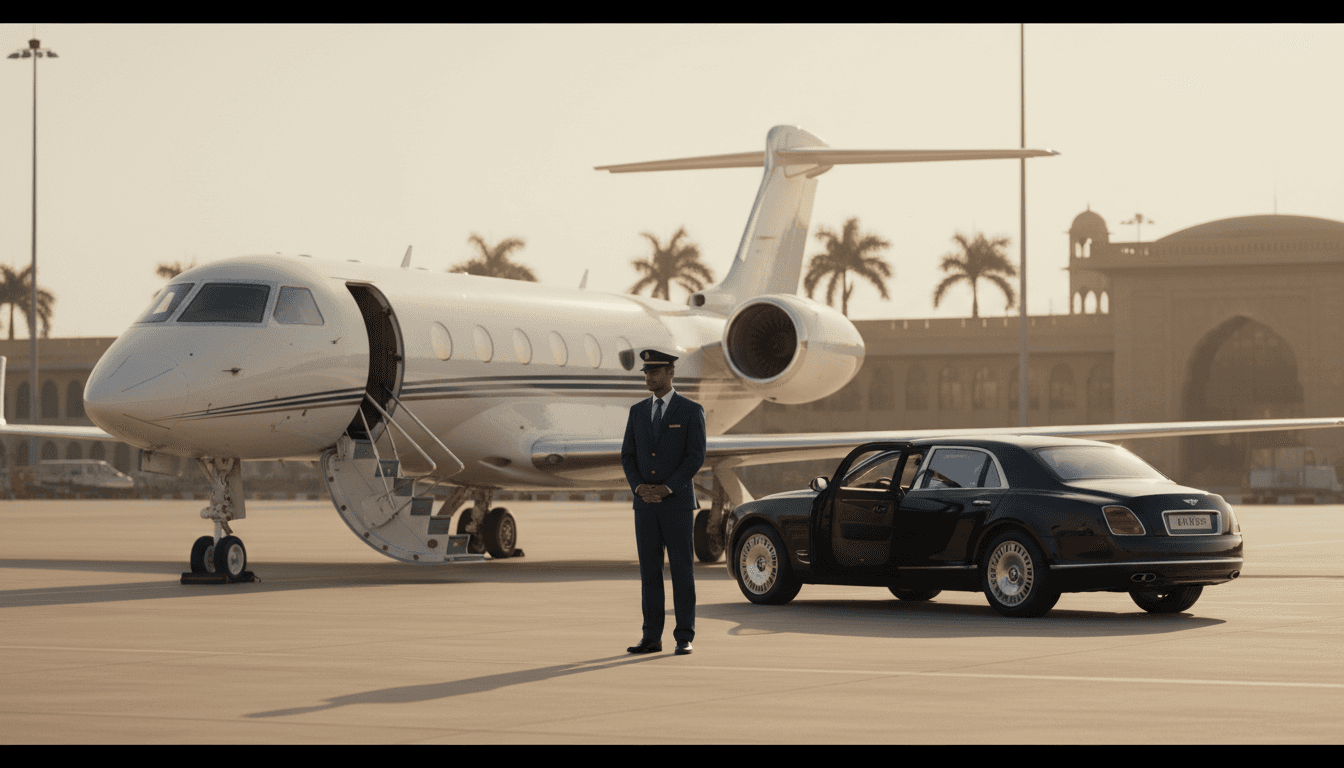 A private jet and passenger receiving arrival concierge service at an Indian airport private terminal — Seoul–India charter ground handling