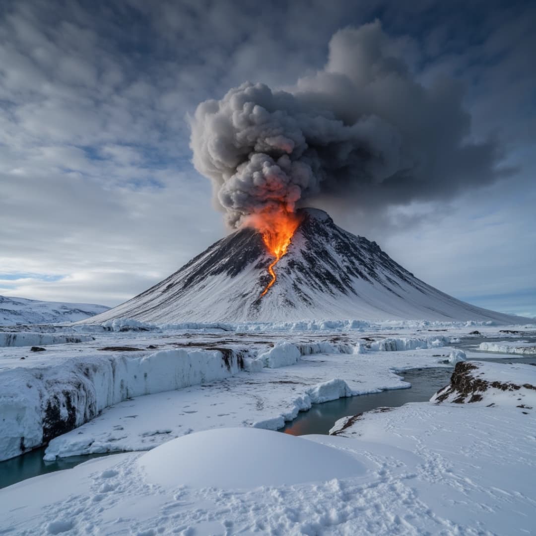 ein vulkanausbruch in einem mit eisbedeckten land