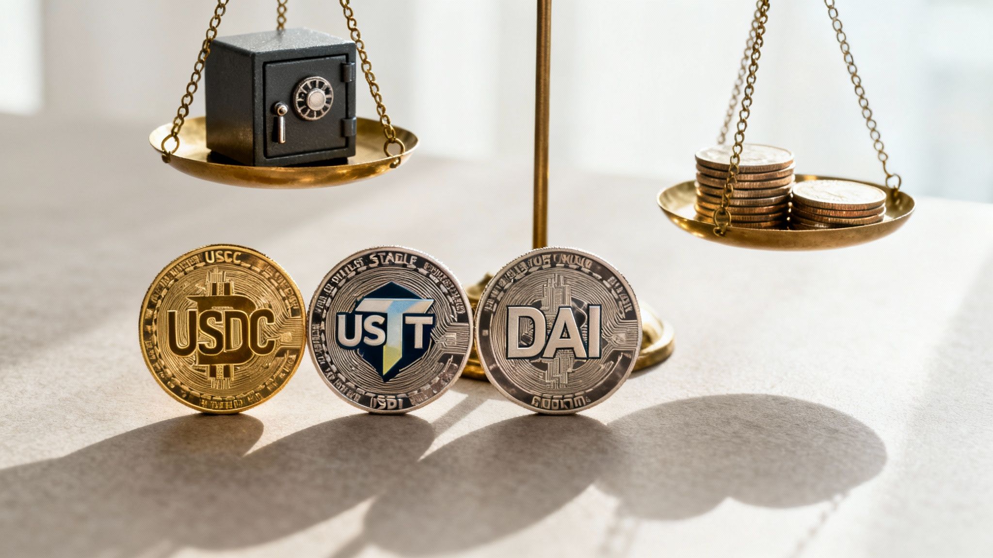 Scales balancing a safe and coins, with USDC, UST, and DAI stablecoin cryptocurrencies in the foreground.