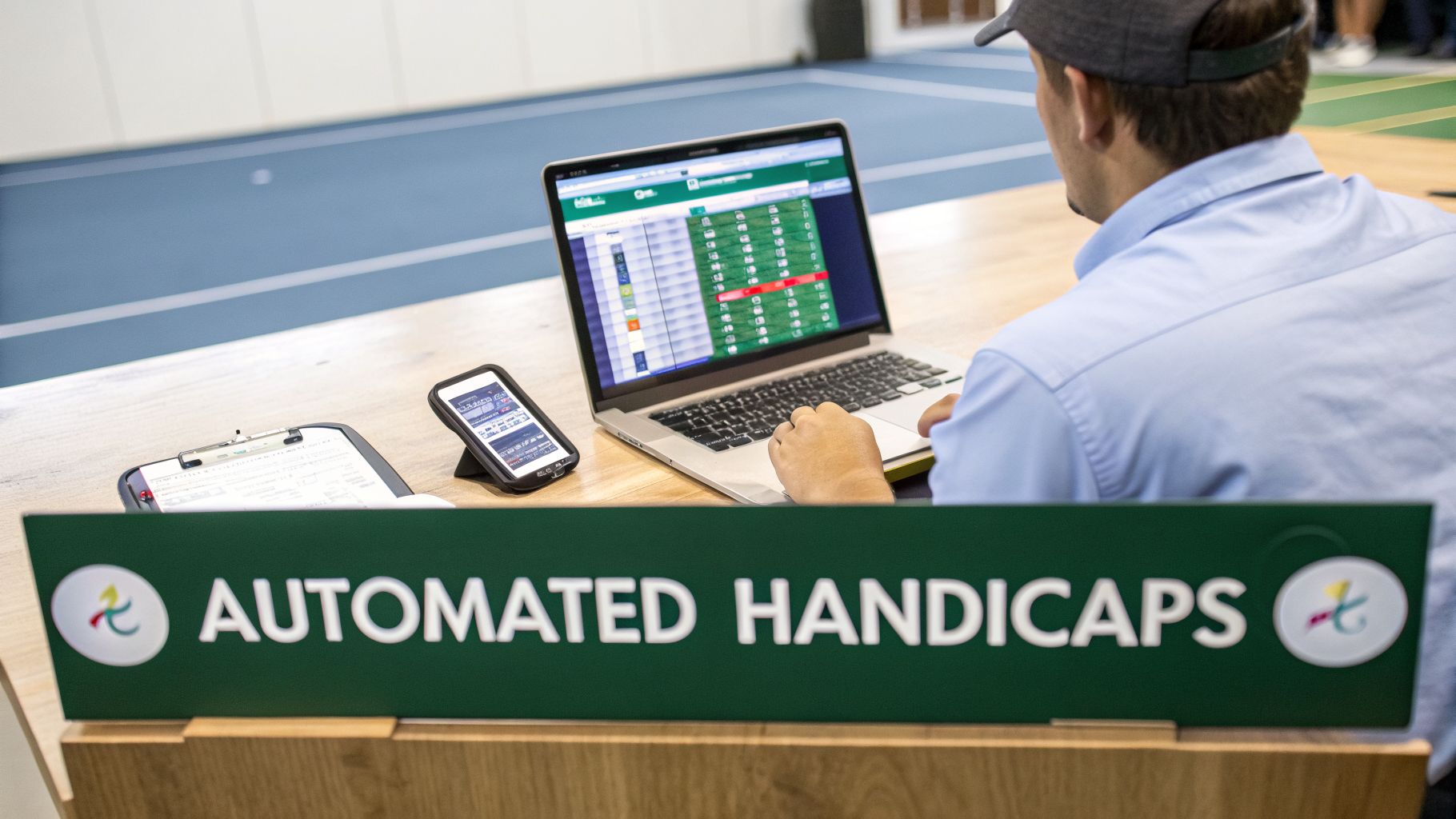 Person reviewing automated golf handicaps on a laptop and smartphone at a table with a sign.