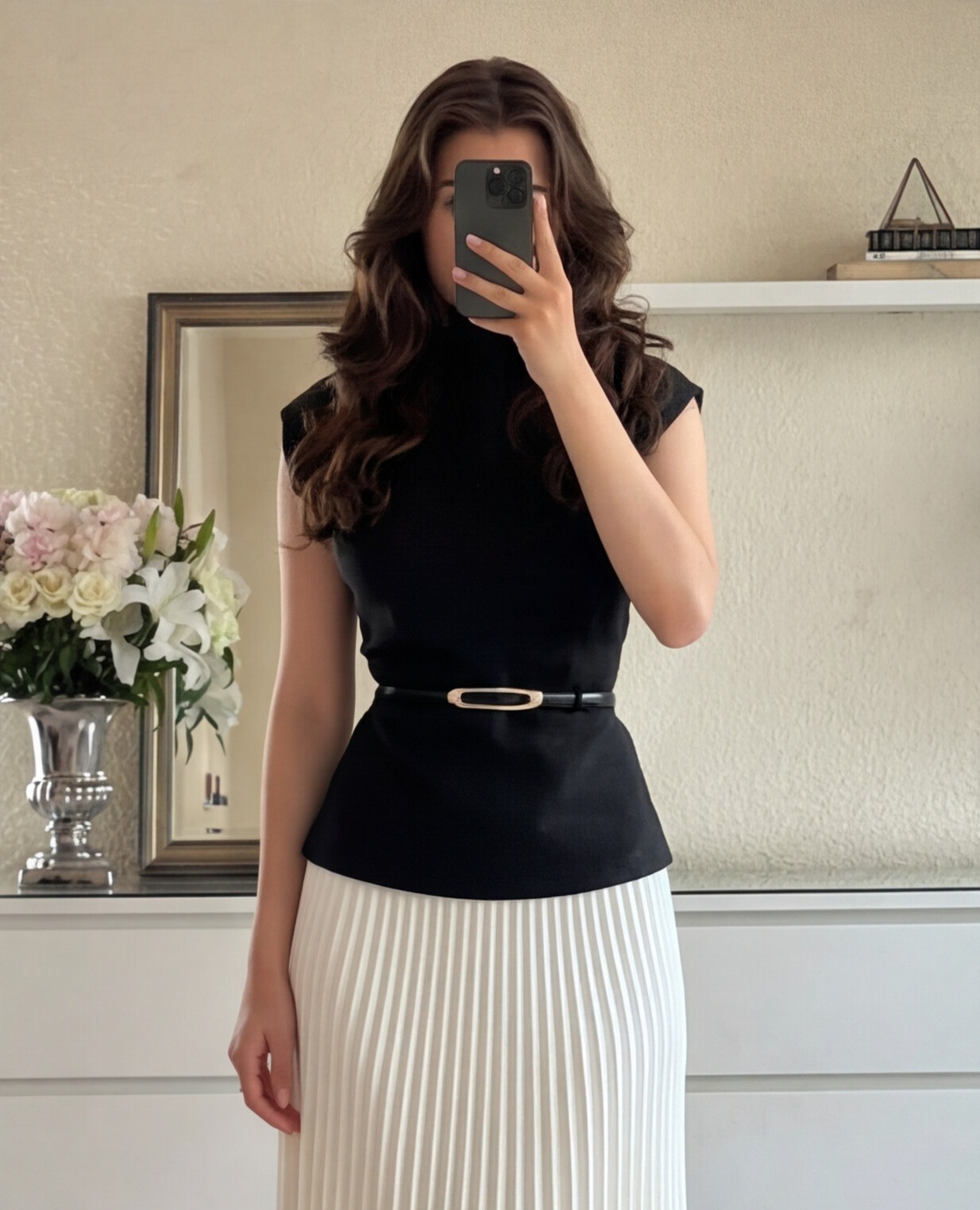 Black Crop Top with Cream Pleated Midi Skirt