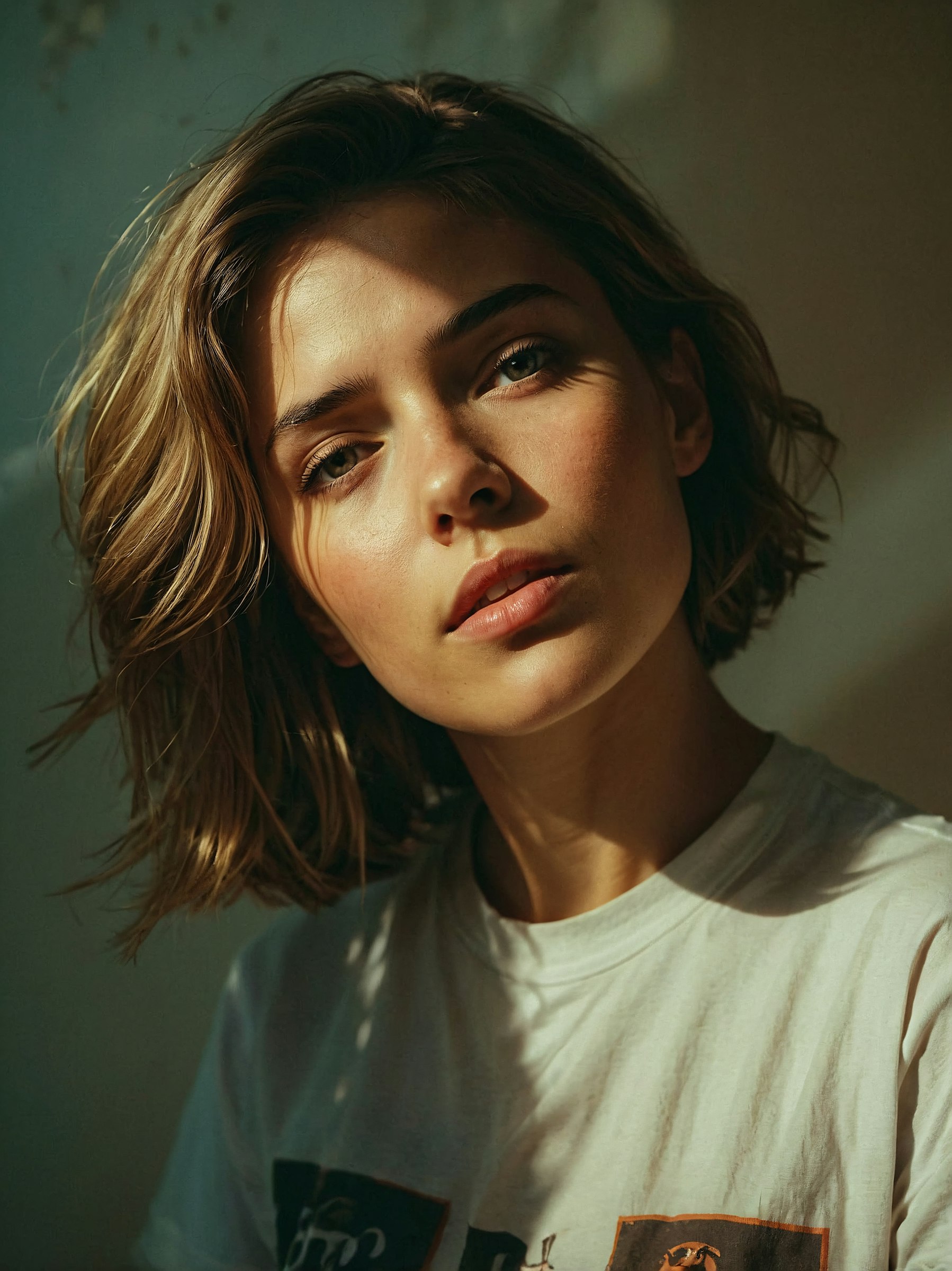 An aesthetic photo featuring a girl wearing a white t-shirt.