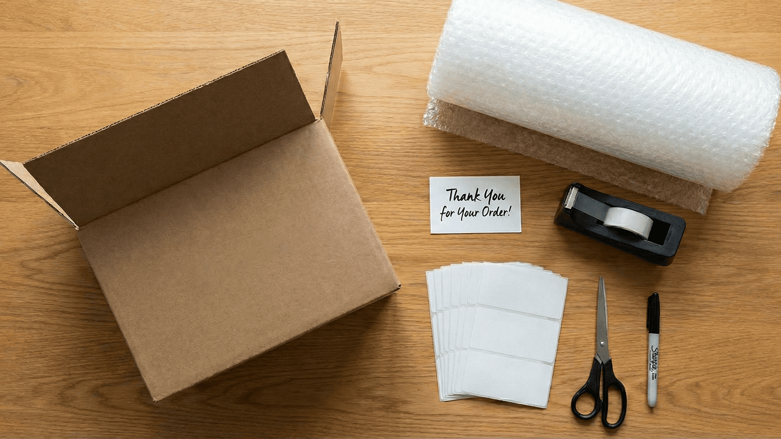Professional shipping supplies including an open box, bubble wrap, and labels for eBay order fulfillment.