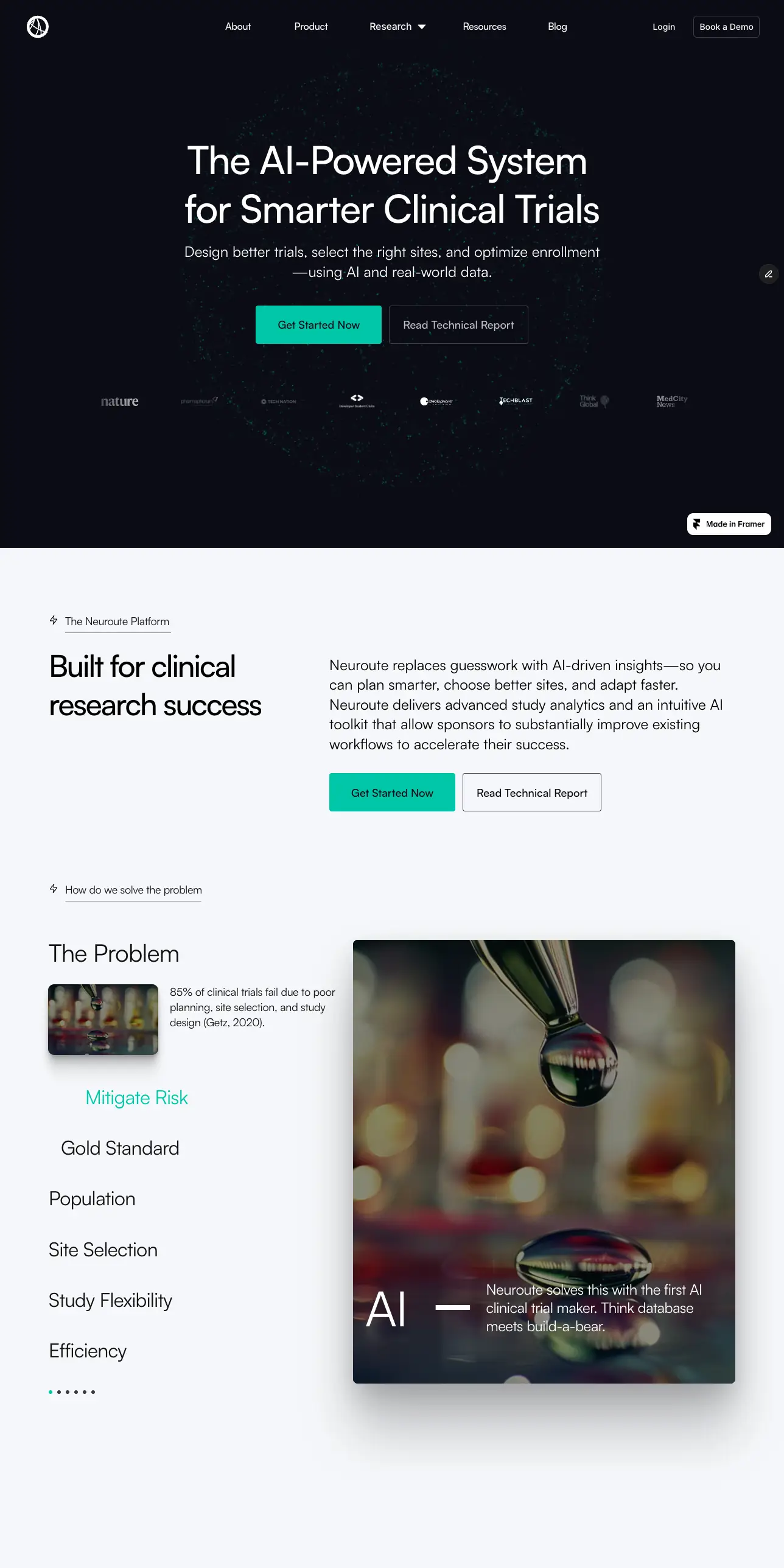 Neuroute home page, with a Spline particle scene running behind the hero