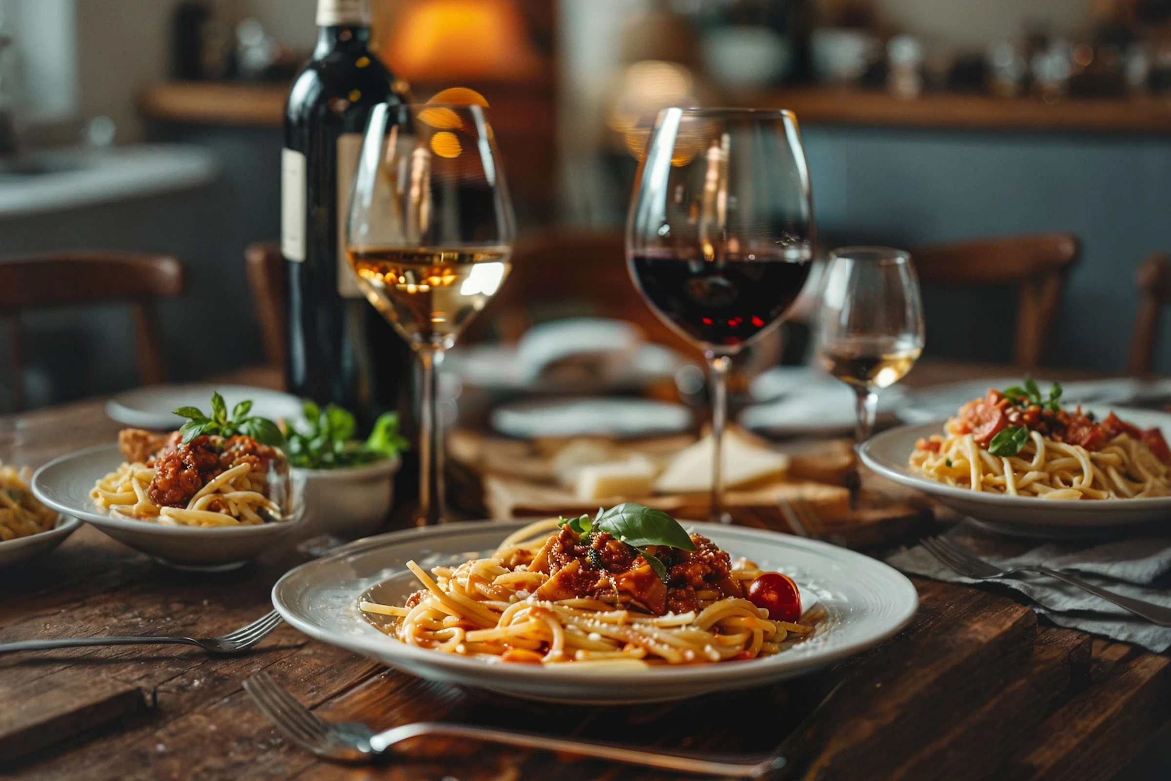 PASTA 9 Toronto dining setup with handcrafted pastas, wine glasses, and warm lighting, capturing the ambiance of Italian comfort dining.