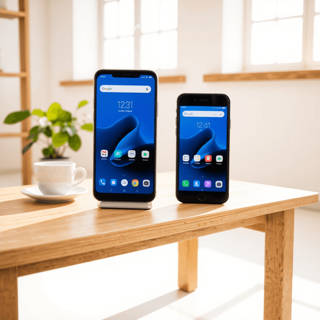 product photography of a pair of smartphones displaying app interfaces