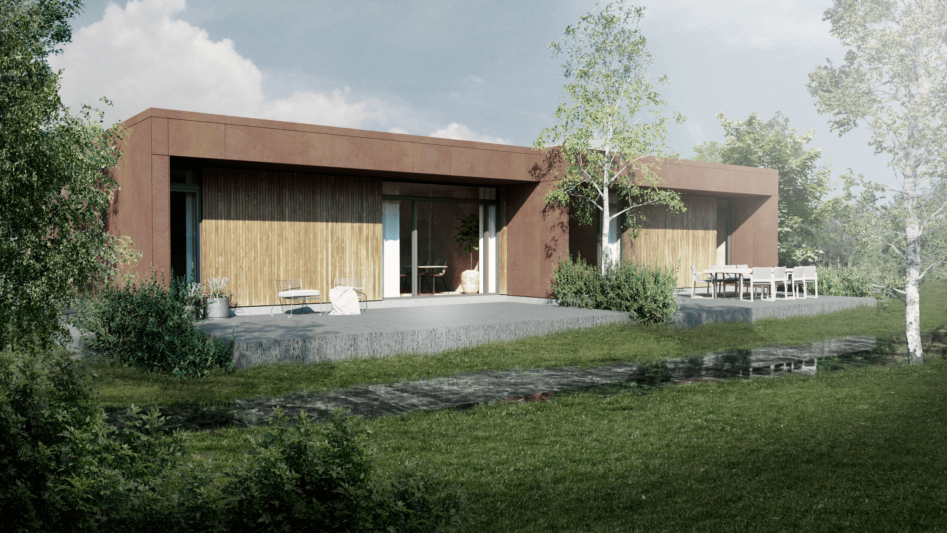 Modern glass building with illuminated facade and cityscape view at sunset