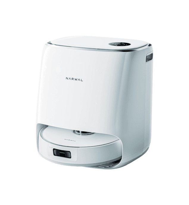 Narwal Freo X Ultra robotstøvsuger med roterende moppepuder vist på hvid baggrund