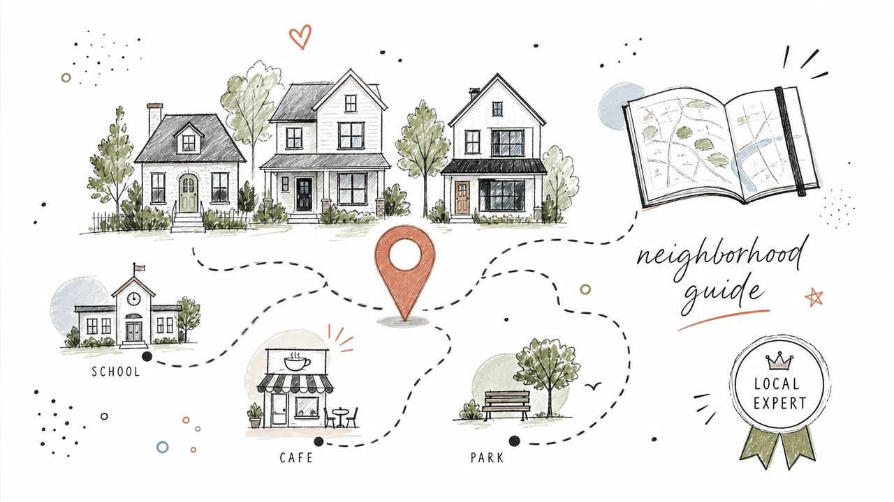 A hand-drawn neighborhood map illustration showing houses, a school, a cafe, a park, and a location pin.