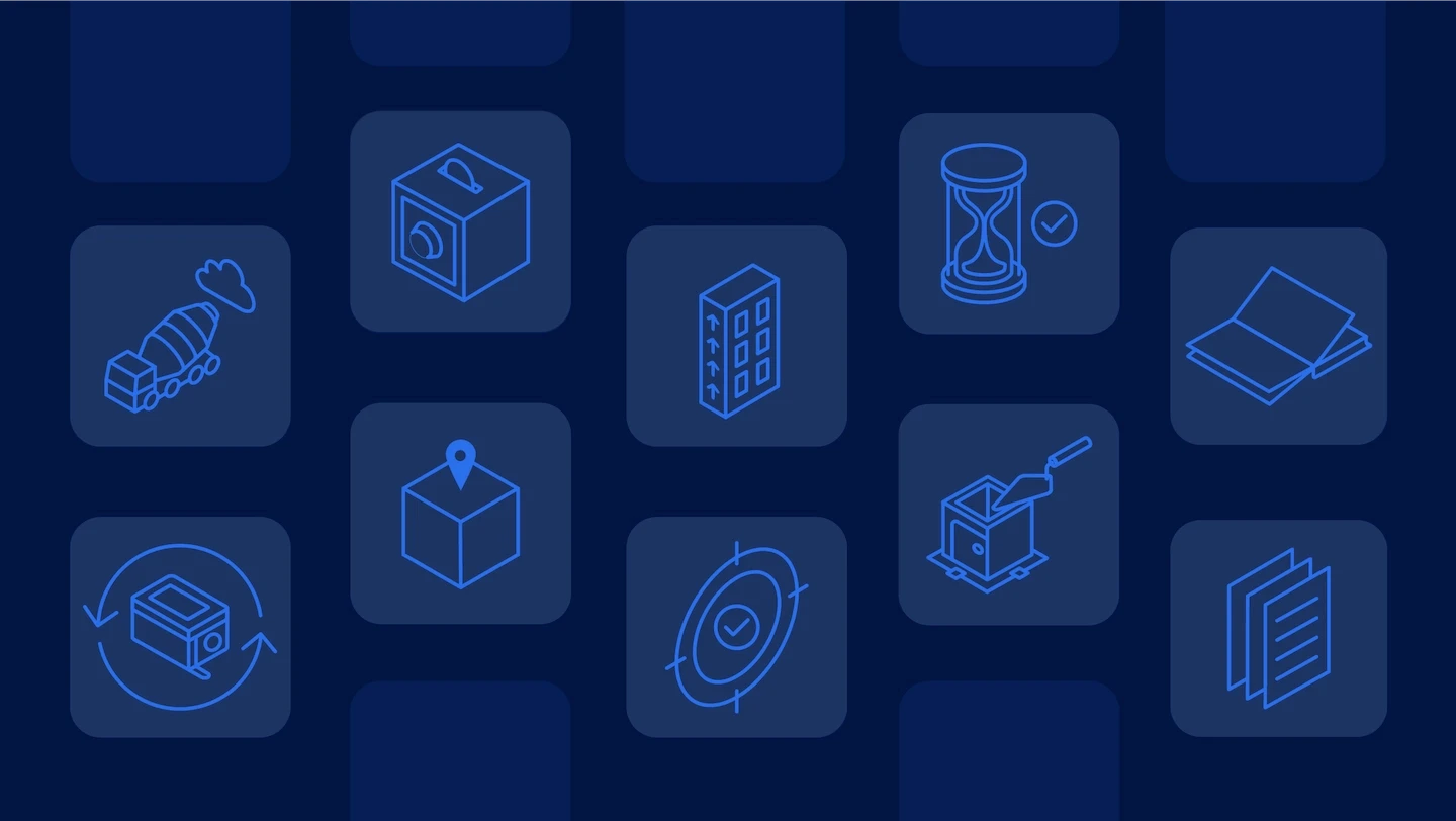 Converge brand icon illustrations representing construction processes, materials and monitoring, arranged on a dark blue grid.