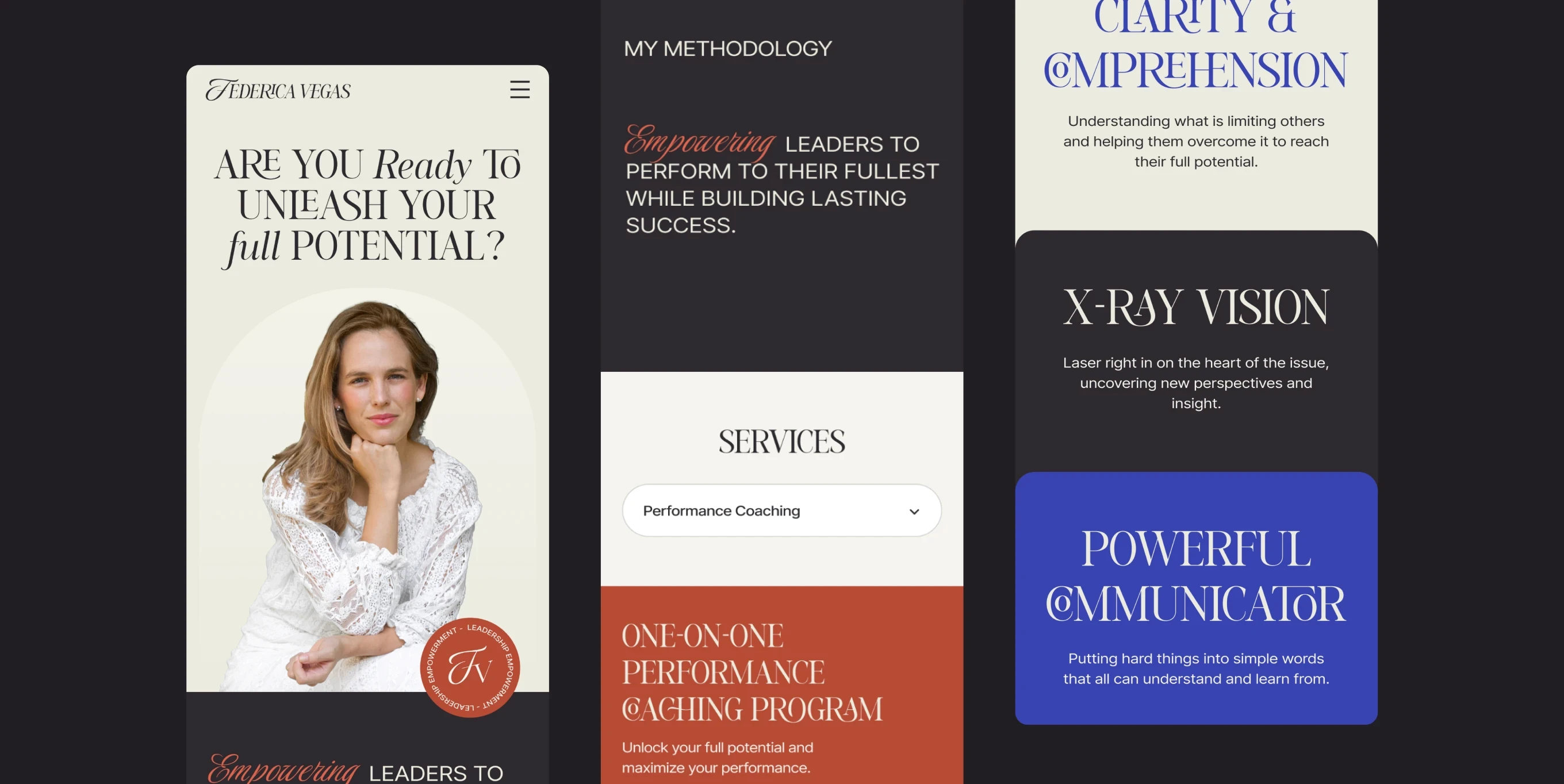 Conjunto de componentes mobile que refuerzan la marca personal de Federica Vegas