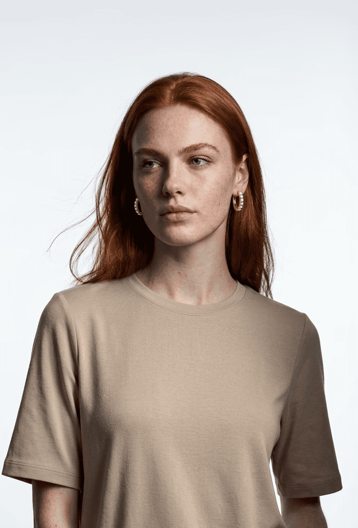 Maeve Rowan AI model wearing gold hoop earrings, clean white studio background, casual minimal styling, Gemzy AI jewelry studio