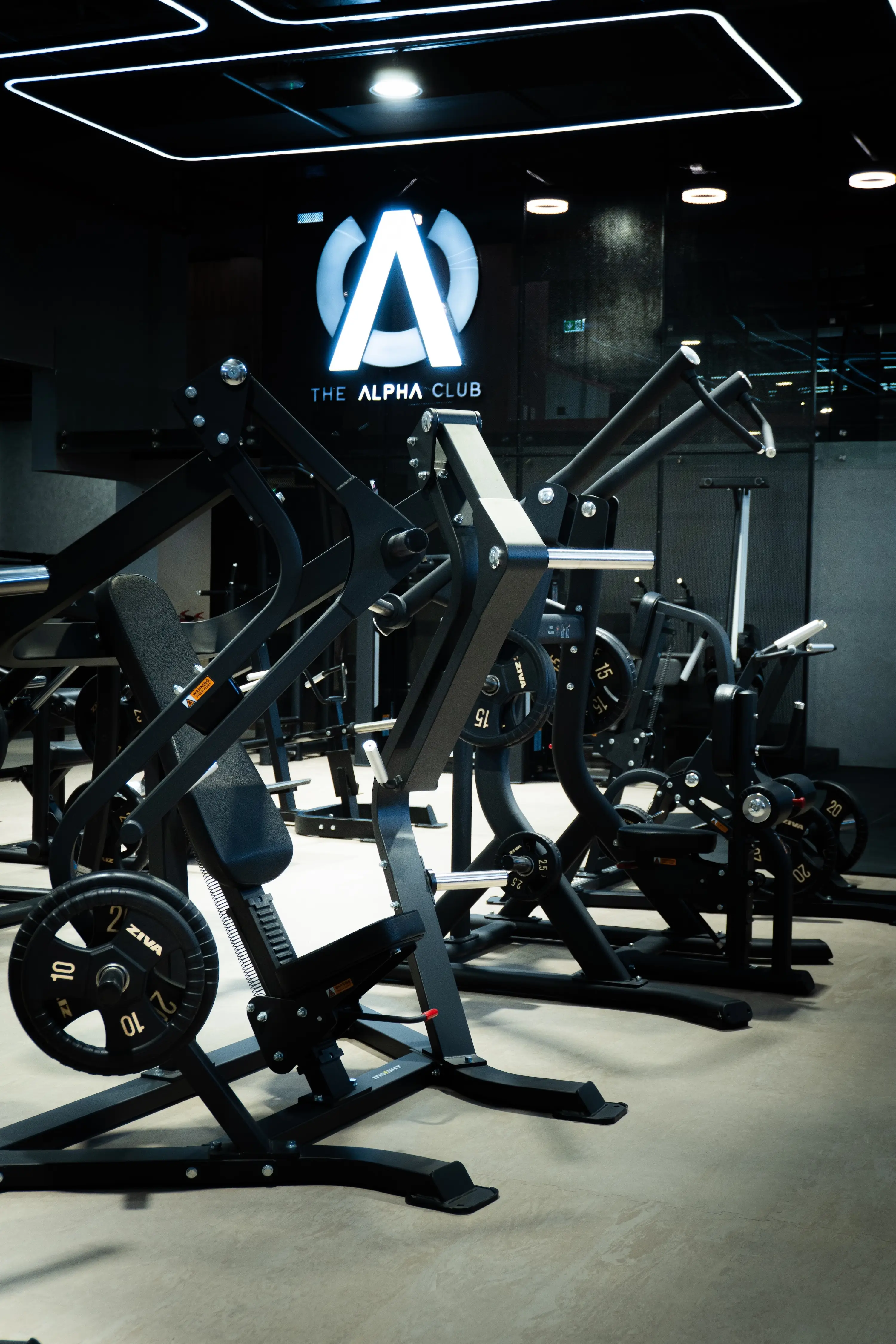 Strength training machines in a dimly lit workout area at The Alpha Club.
