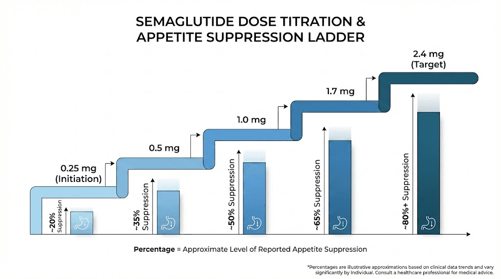 Semaglutide dose titration schedule showing appetite suppression at each dose level