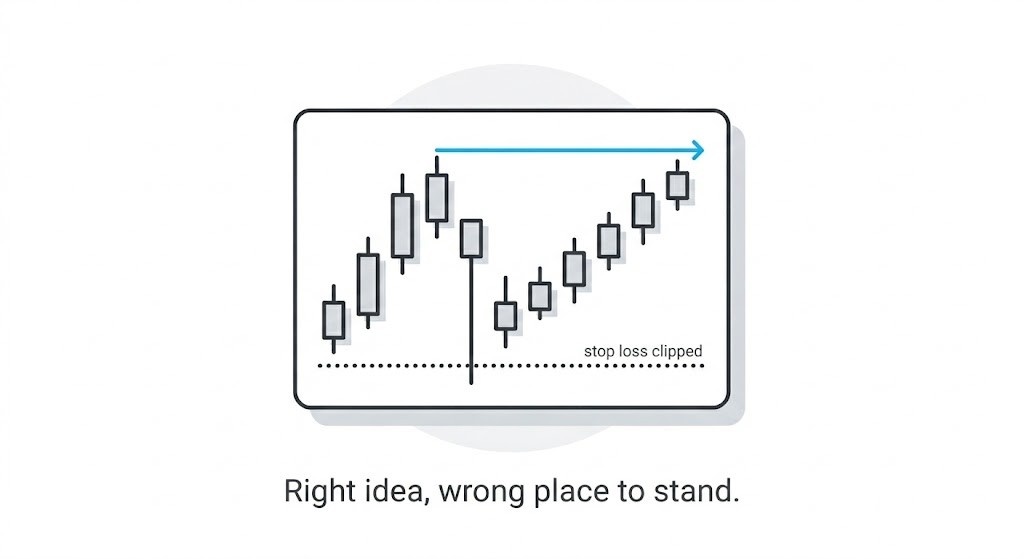 A tight stoploss gets stopped out. Right trade idea, wrong place to set the stop