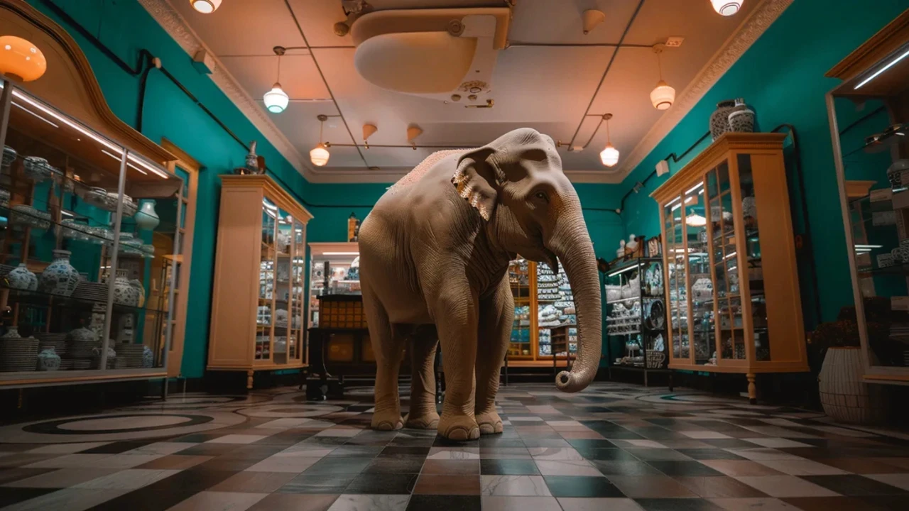 Dans un magasin décoré de vitrines en bois clair et de murs turquoise, un éléphant se tient immobile au centre de la pièce, sur un sol à damier noir et blanc. Les étagères autour de lui présentent de nombreux objets décoratifs. Sa présence massive contraste avec l’environnement ordonné et fermé. Cette scène visuelle accompagne la réflexion sur le quiet quitting, représentant l’éléphant dans la pièce, ce silence collectif qui fait grand bruit au sein des organisations.