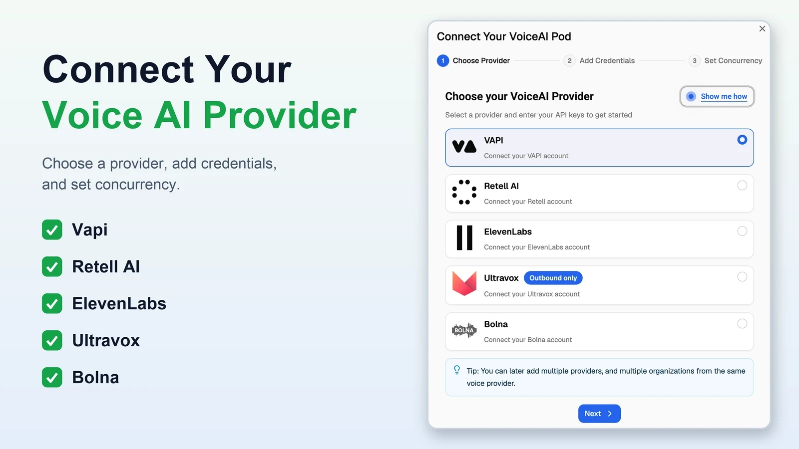 VoiceAIWrapper screen for choosing Vapi, Retell AI, ElevenLabs Agents, Ultravox, or Bolna before adding credentials.