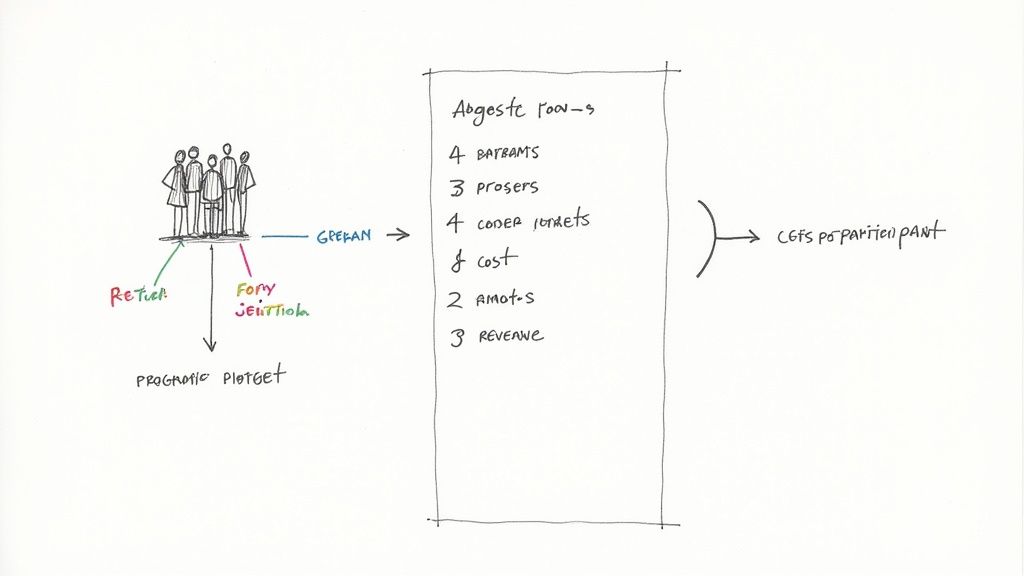 Conceptual diagram with people, inputs like 'Retuba', and a list of items including 'Cost' and 'Revenue' in a box.