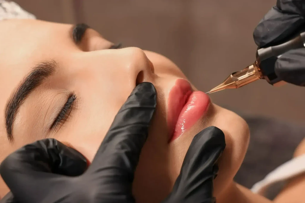 Woman receiving lip blush tattoo, enhancing natural lip color with permanent makeup.