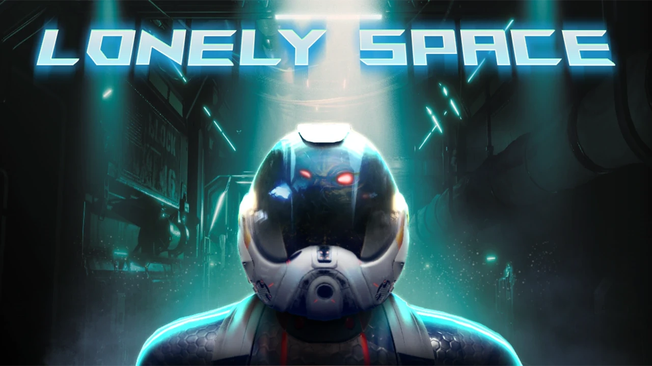 In a dimly lit futuristic corridor, a solitary astronaut in a high-tech suit stands under a glowing neon sign reading "Lonely Space," emanating an atmosphere of isolation and intrigue.