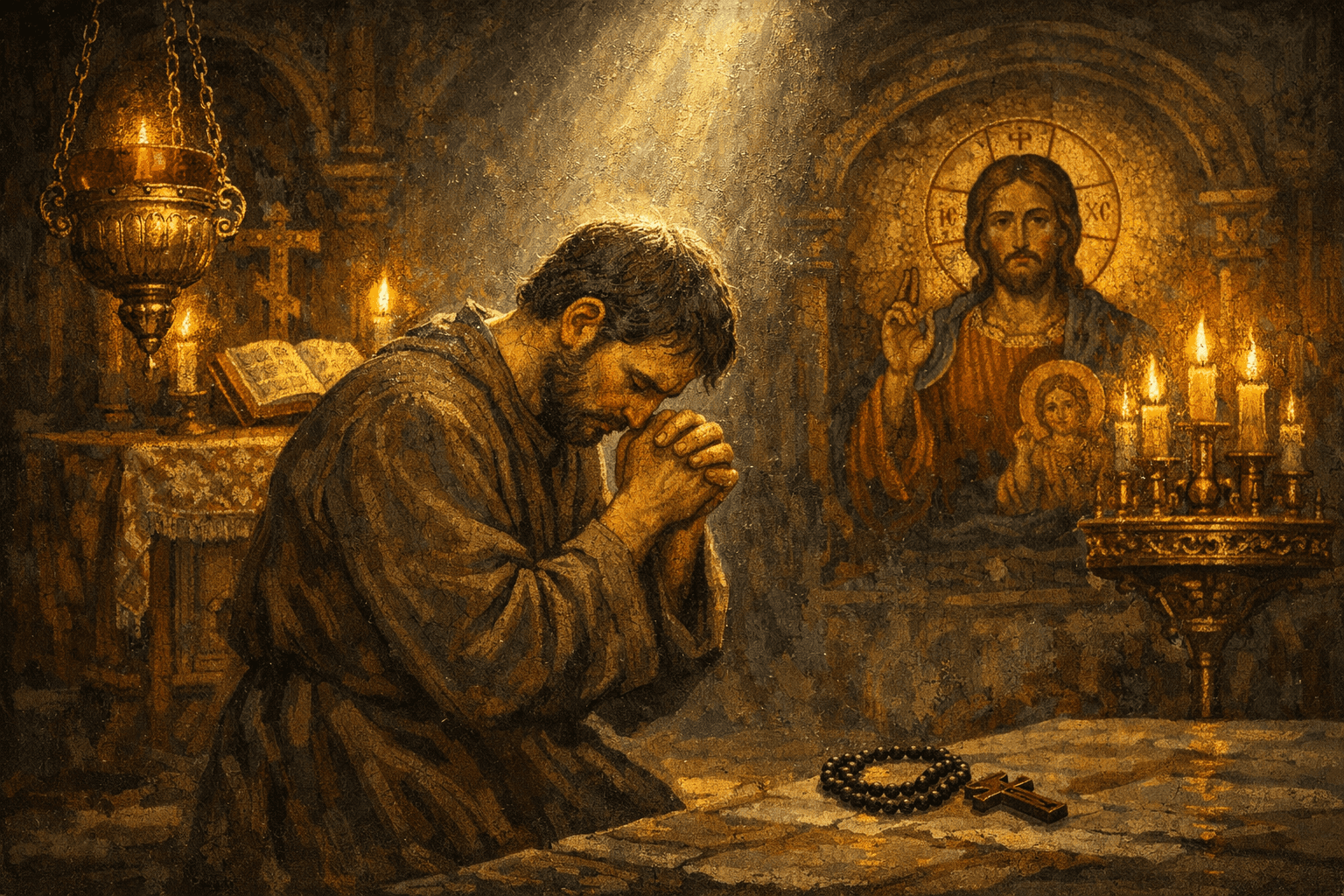 How to pray when you feel nothing Byzantine Christian painting of a man kneeling in prayer before an icon of Jesus in a candlelit church, symbolising spiritual dryness, faith and prayer.